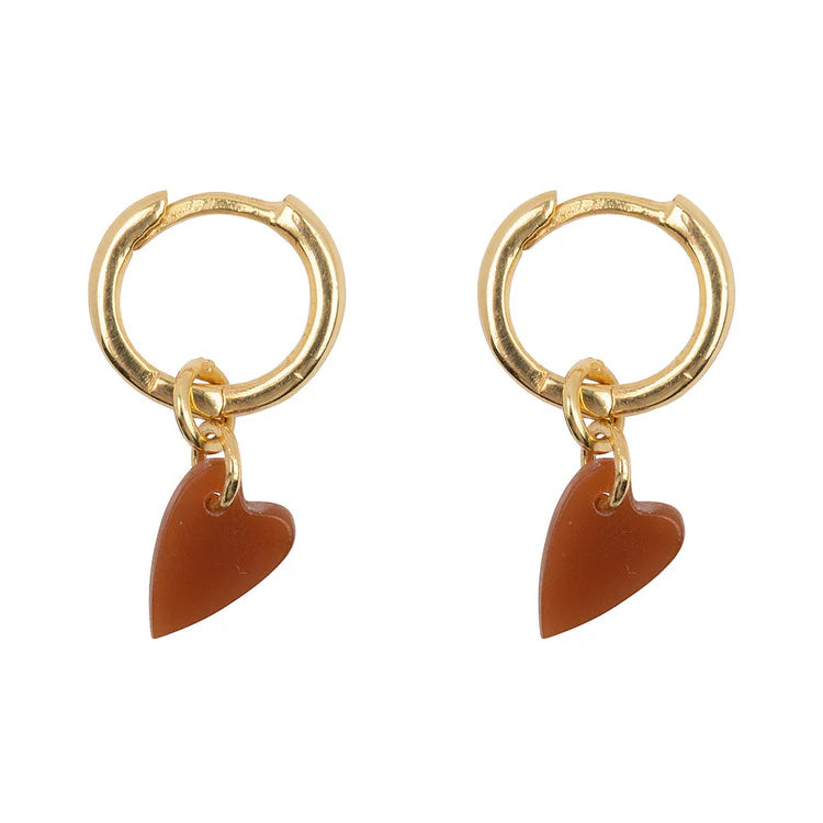 Small Hoop Resin Heart Earring E2189 Cognac