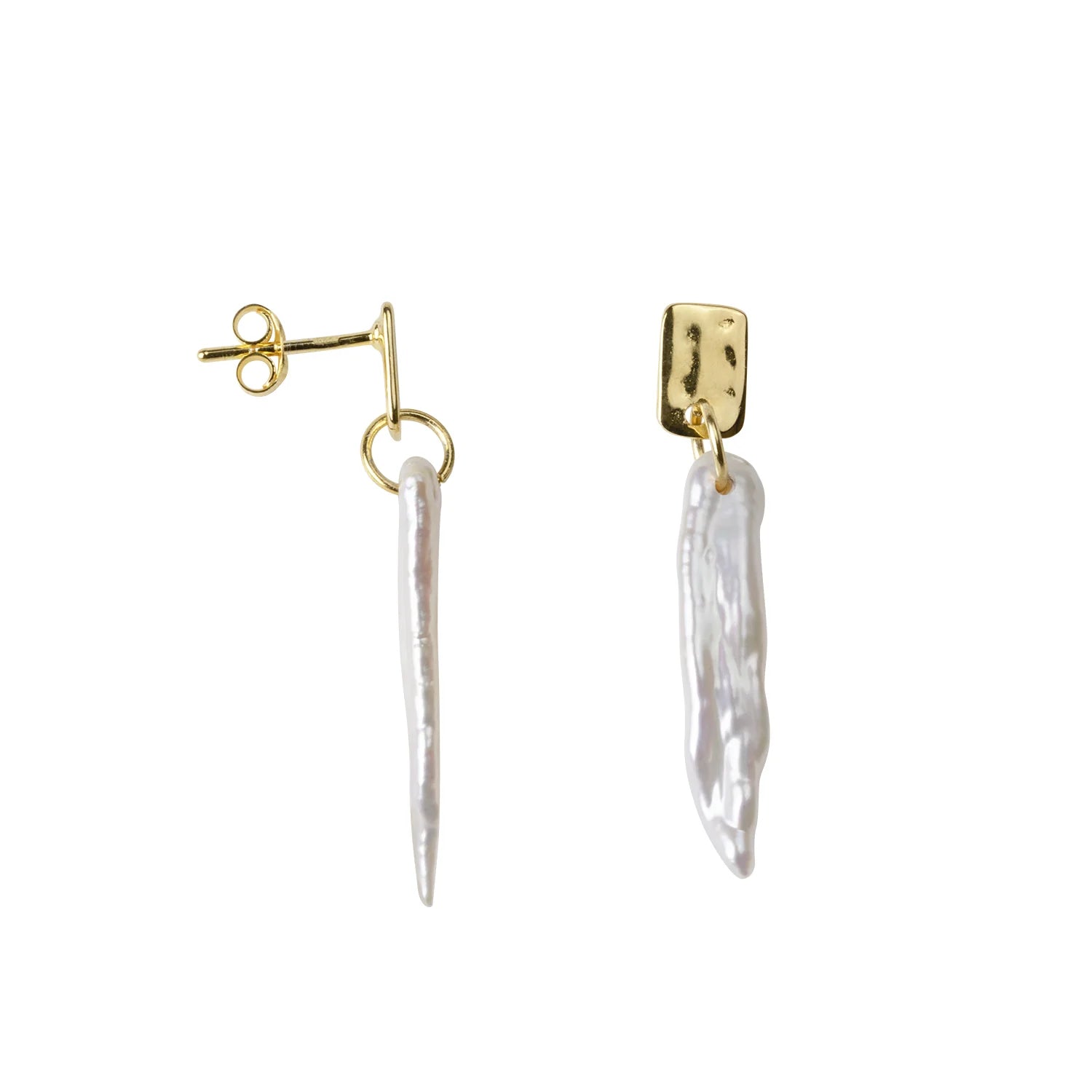 Hammered Small Rectangle and Pearl Stud Earring E2374