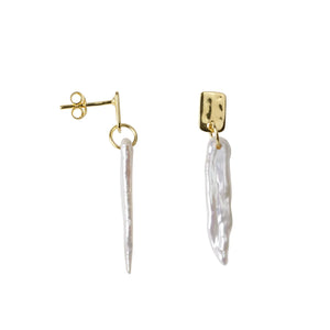 Hammered Small Rectangle and Pearl Stud Earring E2374