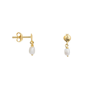 Ribbed Mini Moon Pearl Stud Earring E2461 Gold Plated